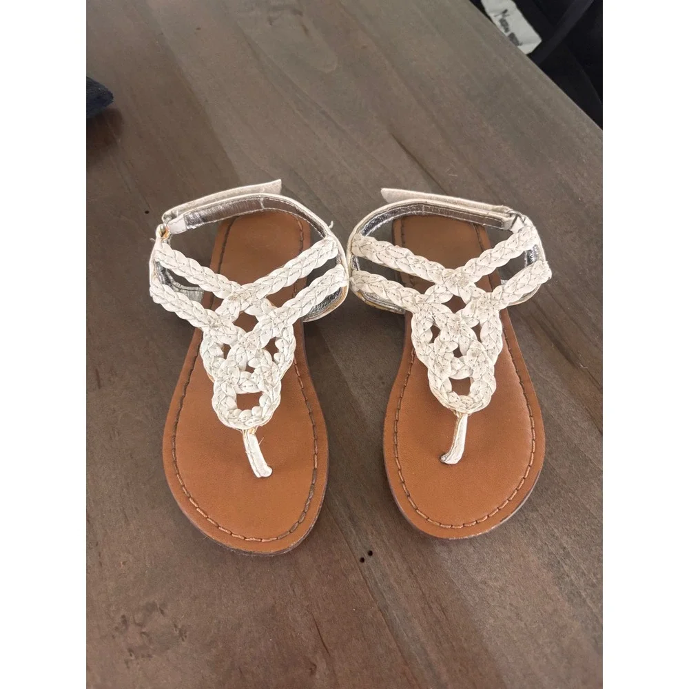 Wonder Nation Girls White Braided T-Strap Thong Sandals Size 9 Hook and Loop